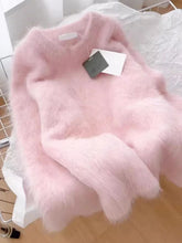 Lunivop Sweet Elegant Pink Sweater Women Loose Faux Mink Cashmere Knitted Jumpers Soft Vintage Long Sleeve O Neck Japan Cute Tops