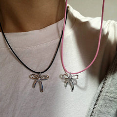 Lunivop Goth Y2K Bowknot Pendant Pink Black Leather Rope Necklace For Girl Aesthetic EMO 2000s Antique Silver Color Jewelry Accessories