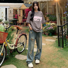 Lunivop American Retro Hole-punched Jeans Women High Waist Straight-crotch Loose Slim Design High-street Vibe Wide-legged Dragging Pants