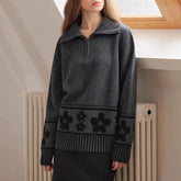 Lunivop Half Zipper Knit Cardigan Sweater Women Pullovers Cozy Loose Sweater Jacket Collared Long Sleeve Floral Print Fall Winter Outfit