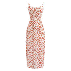 Lunivop Retro French style Summer Cherry Print Corset Style Midi Sling Dress Sexy Women Spliced Lace V neck Back Slit Long Robe