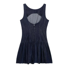 Lunivop Sexy O collar Denim Mini Tank Dress Women Backelss Low Waist Lined Ruched Hem Swing Sleeveless Dresses Summer Robe Vestidos