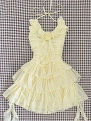 Lunivop Slim Sweet Ruffles Dress Women Fashion 3D Floral Casual Elegant Mini Dress Summer Sexy Sleeveless Lady Yellow Cake Vestidos