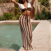 Lunivop Fashion Style Brown and White Stripe Tie Up Top Long Skirt Suit Knitting See-Through Beach Vacation Swimsuit Cover Up