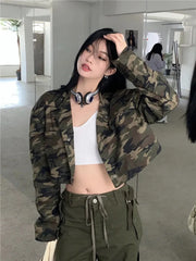 Lunivop Sexy Cropped Camouflage Cargo Jackets Women Vintage Streetwear Slim Y2K Coats Vintage American Long Sleeve Female Fall Tops