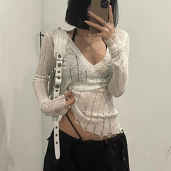 Lunivop 2024 Y2k Millenian-Style Design Sense Broken Perspective Hollow V-Neck Solid Color Smock Long Sleeve T-Shirt Waist Slim