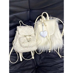 Lunivop Fairycore Aesthetic White Backpack Women Versatile Portable Plush Y2k Mochila College Studen Harajuku Mini Backpack