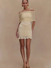 Lunivop Sexy Off Shoulder Mesh Ruched Women Dress Yellow See Through Mini Dress Female Spring Skinny Elegant Party Clubwear