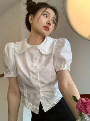 Lunivop Slim Cute Cropped White Shirt Women Summer Short Sleeve Elegant Blouse Preppy Style Vintage Sweet French Casual Design Tops
