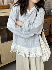 Lunivop Women Sweet Plaid Shirt Korean Fashion Lace Patchwork Loose Blouse Elegant Casual Preppy Style O Neck Female Chic Tops New