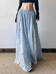 Lunivop Lace Patchwork Plaid Long Skirts Women Vintage Loose Sexy A Line Skirt French Retro Elegant Lady Design Sweet Casual Skirt