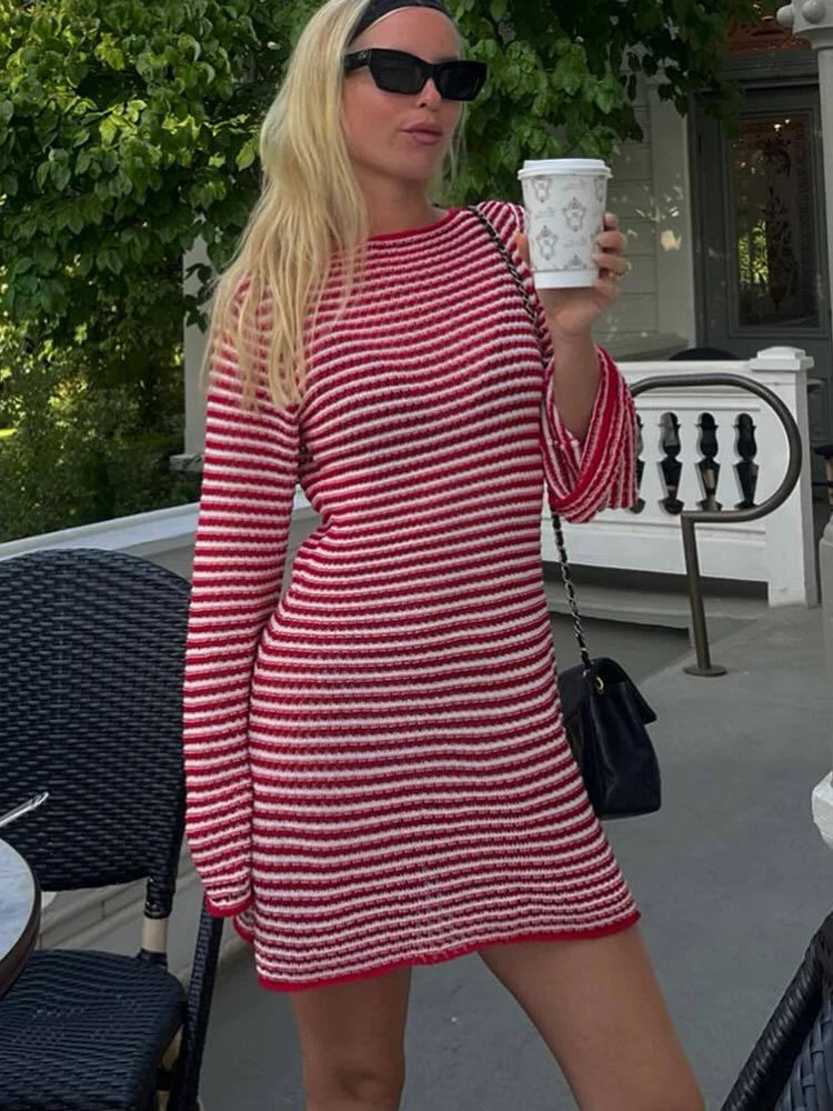 Lunivop Knitted Round Neck Striped Women Dress Black Flare Sleeve High Waist Dress Female Autumn Slim Elegant Vacation Partywear