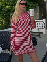 Lunivop Knitted Round Neck Striped Women Dress Black Flare Sleeve High Waist Dress Female Autumn Slim Elegant Vacation Partywear