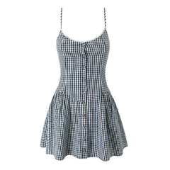 Lunivop Sexy Gingham Plaid Spliced Lace O neck Mini Sling Dress Women Open Through Buttons Low Waist Swing A line one-piece Dresses