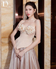 Lunivop Pretty Satin Strapless Sweetheart Florals Appliques Evening Dress Women Long Elegant Wedding Party Prom Cocktail Dress Gowns