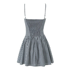 Lunivop Sexy Gingham Plaid Spliced Lace O neck Mini Sling Dress Women Open Through Buttons Low Waist Swing A line one-piece Dresses