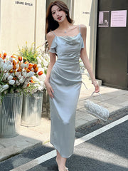 Lunivop Women Solid Satin Chic Ruffled Lace Sling Long Dress Korean Vintage Luxury Dance Party Dress Summer Elegant Bodcyon Dresses