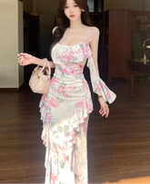 Lunivop Women Dresses Sleeveless Slash Neck Gradient Floral Printed Mesh Patchwork Slim Vintage Elegant Party Dress Ladies