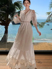 Lunivop White Lace Flora Embroidery Women Dresses Bodycon Summer Vacation V-neck Vintage Women's Clothing Elegant Maxi Vestido Lady New