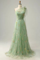 Lunivop High Quality One Shoulder Green Tulle Pleat Appliques Flowers Sleeveless Elegant Dress Women for Wedding Party