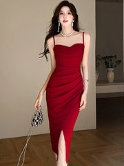Lunivop Summer Red Pleated Bodycon Hip Wrarp Sexy Sling Dress Women Korean Vintage Festival Dress New Elegant Luxury Evening Dress