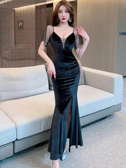 Lunivop Autumn Winter Blue Velvet Chic Diamonds Sheer Sexy Club Dress Women Elegant Luxury Long Robe Korean Bodycon Evening Dresses