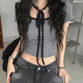 Lunivop Short Sleeve Lace Up Striped Shirts for Women Harajuku Y2k Top Camisetas Grunge Clothes Y2k Graphic T Shirts Crop Top Ropa Mujer