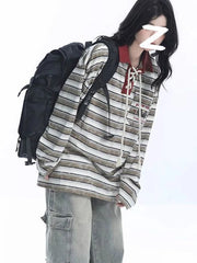 Lunivop Retro Preppy Style Striped T Shirt Women Loose Long Sleeve American Retro Tees Fall New Letter Embroidery Lace Up Patchwork Tops