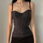 Lunivop Vintage Contrast Button Stitching Camis Women Causal Slim-fitting Sleeveless Slit Crop Top Summer Retro Striped Print Tee