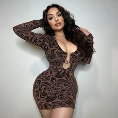 Lunivop Autumn Vintage Printed Sexy Spicy Girls Skinny Mini Dress Women Drop V Neck Hollow Out Long Sleeve Elegant Club Party Robe
