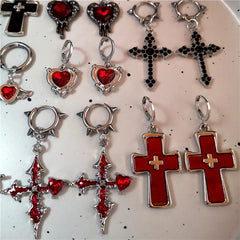 Lunivop Gothic Red Crystal Heart Irregular Cross Thorn Hoop Earrings For Women Men Unusual Punk Charm Jewelry Y2K Scene EMO Accessories