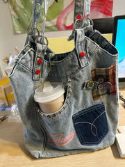 Lunivop Harajuku Denim Tote Bag Women Hot Girls Pocket Chic Large Capacity Casual Handbag Female Vintage Y2k Handbag Aesthetic
