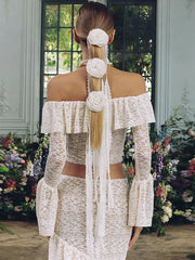 Lunivop Sexy Transparent Lace Two Piece Sets Women Skirt Suit White Flare Sleeve T-shirt Long Skirt Autumn New Elegant Skirt Set