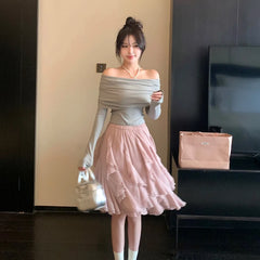 Lunivop Women Pink Ruffled Skirts Elegant Korean Style High Waist Elastic Waist Asymmetric Lace Layered Short Skirts Mesh Skirt