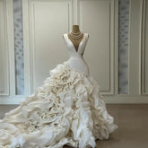 Lunivop Luxury Satin Tiered Ruffled Celebrity Dresses Deep V-neck Evening Dresses Elegant Vestidos De Noche Extra Puffy Wedding Dresses