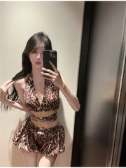 Lunivop Sexy Leopard Print V-neck Halter Camisole Vest+ Y2k Gothic High Waist Hot Short for Women 2025 Summer New Two Piece Sets