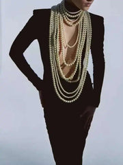 Lunivop Spring New Fashion Long Sleeve Women Dresses Pearl Necklace Hollow Out Right Angled Shoulder Long Dress Female