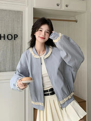 Lunivop Lace Patchwork Sweet Jacket Women Loose Vintage Preppy Style Cute Coat Female Long Sleeve Korean Retro O Neck Tops Outwear