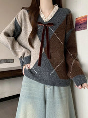Lunivop Sweet Bow Argyle Sweaters Women Retro Preppy Style Loose Knitted Pullover Lace Patchwork Long Sleeve Female Vintage Jumpers Fall
