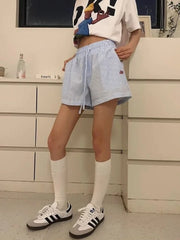 Lunivop Y2k Striped Shorts for Women Harajuku Blue Baggy Elastic Waist Short Pants Korean Style Casual Fashion Retro Shorts