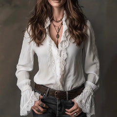 Lunivop Euramerican High Street Fashion Spliced Lace Edge Women Blouse Y2k Thin All Match Single Breasted Loose Shirts Harajuku Punk Top