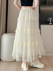 Lunivop Retro Sweet Black Long Skirt Women Casual Loose High Waist Elegant Skirt Vintage Lace Patchwork Korean Summer Long Skirts