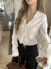 Lunivop Lace Up Sweet White Shirts Women Vintage Long Sleeve Cropped Blouse Casual V Neck Female Korean Elegant Retro Tops New