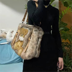 Lunivop Vintage Bear Plush Y2k Handbag Women Hot Girl Sweet Casual Brown Shoulder Crossbody Bag Female Large Capacity Cute Purse