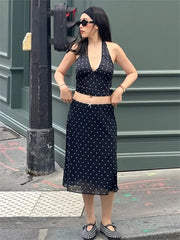 Lunivop V-Neck Lace-Up 2 Piece-Set Skirt Women's Sexy Sleeveless Slim Cropped Top And Tee Bow Contrast Summer Mini Skirt Outfits