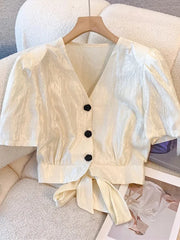 Lunivop Cropped Sexy Slim Satin Shirt Women Vintage Back Bow Lace Up Puffy Sleeve Blouse Korean Fashion V Neck Elegant Short Tops