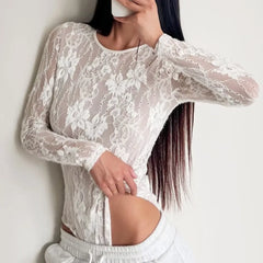 Lunivop Black Autumn Sexy Hollow Out Lace With Lining O neck Long Sleeve Bodysuit Woman Tight Short Jumpsuit Slim fit Rompers Playsuits