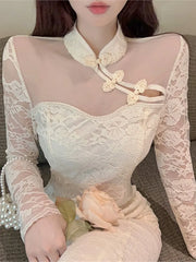 Lunivop Autumn Elegant Cheongsam Dress for Women Sexy Solid Stand Collar Long Sleevs Evening Party Prom Dresses Female One Piece Vestido