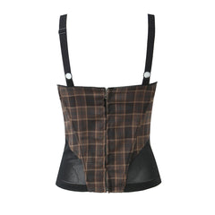 Lunivop Sexy Ruched Wire Bra Coffee Plaid Camis Women Spliced Black Mesh Waist Back Zipper Crop Top Camisoles Bra Tank Vest
