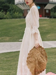 Lunivop Chic Fashion Women Vintage Gentle Solid Square Collar Gauze Half Sleeve Dresses Elegant Lace All Match Vestidos Mujer